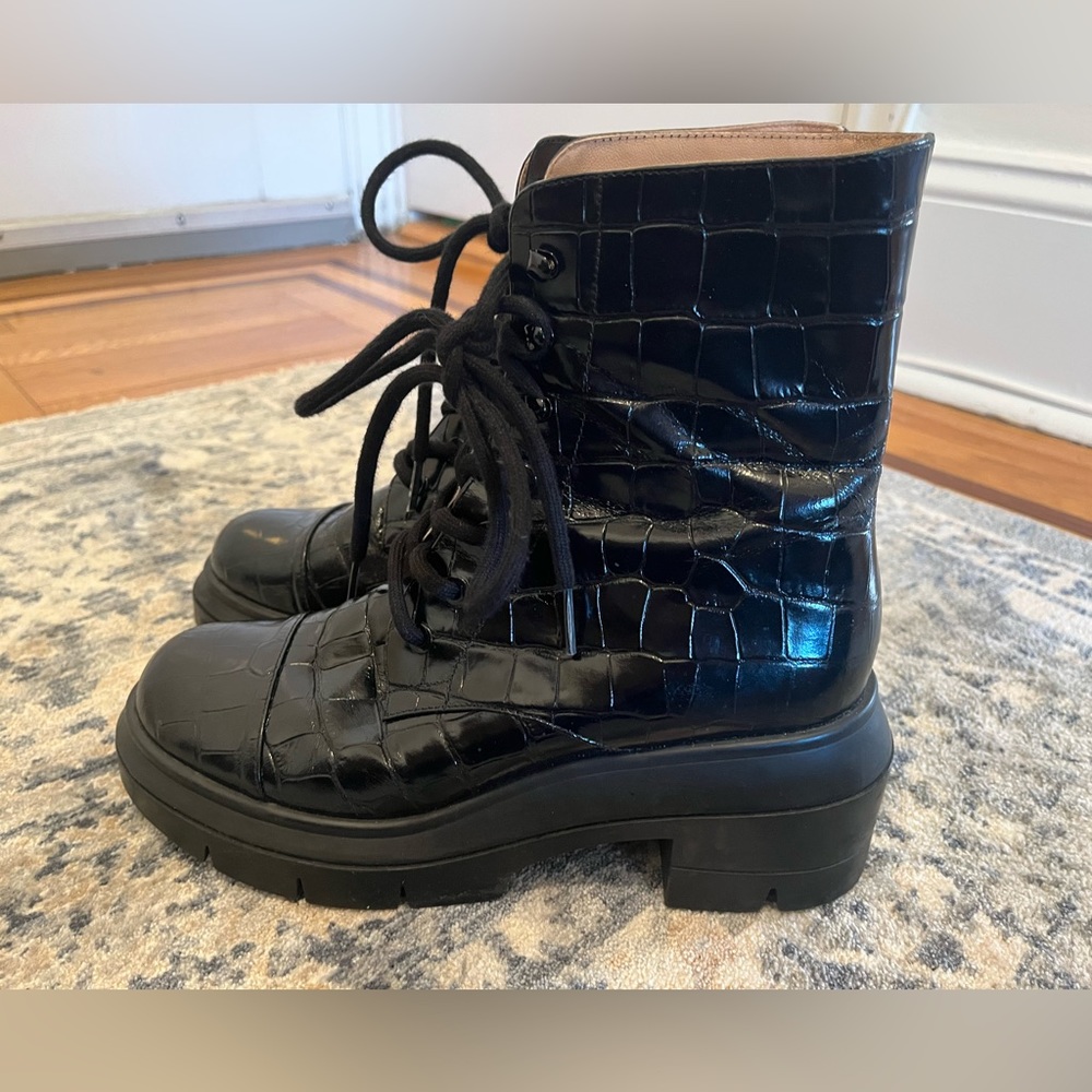 Stuart Weitzman Norah Patent Lug-Sole Ankle Bootie, barely worn, size 37.5
